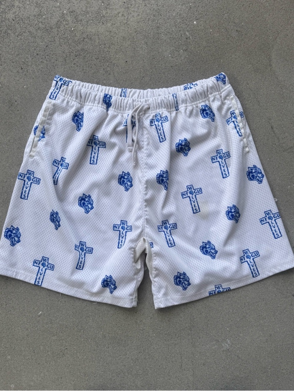 Darc Sport White Athletic Mesh Shorts with Blue Cross & Logo Print